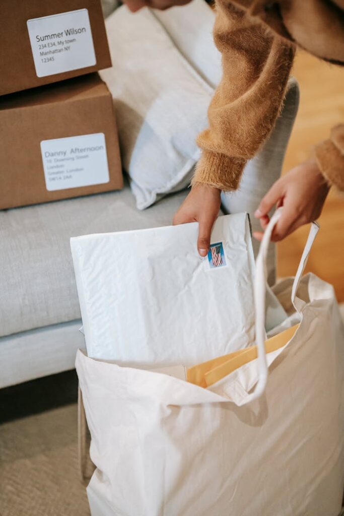 Crop faceless woman putting parcels into big bag